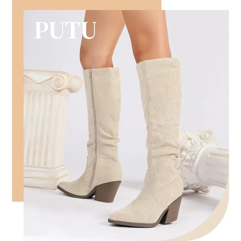 Women's Beige Faux Suede Chunky Heel Boots Side Zipper Slouchy Knee High Boots